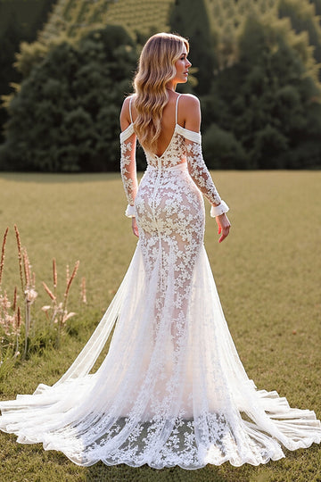 Lace Cold Shoulder Mermaid White Wedding Dress